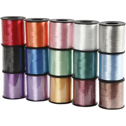Geschenkband, sortierte Farben, B: 10 mm, glänzend, 50 m/15 Stk.